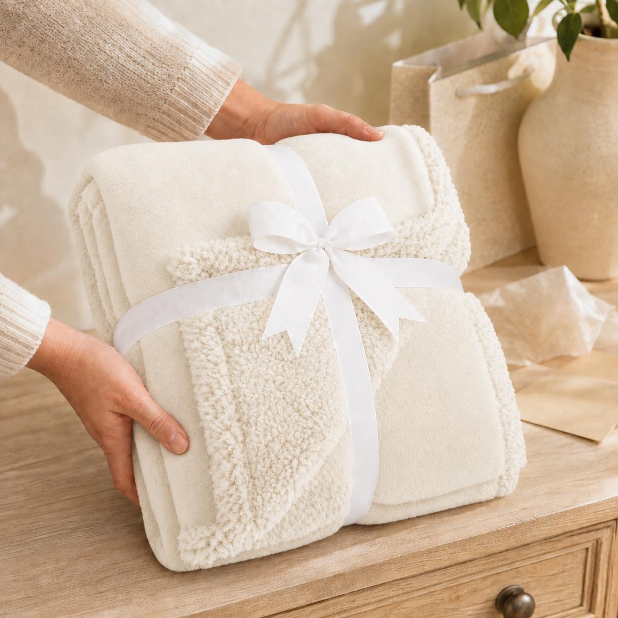 Coperta Plaid Pile, Sherpa e Flanella, 210x230 cm,Bianco