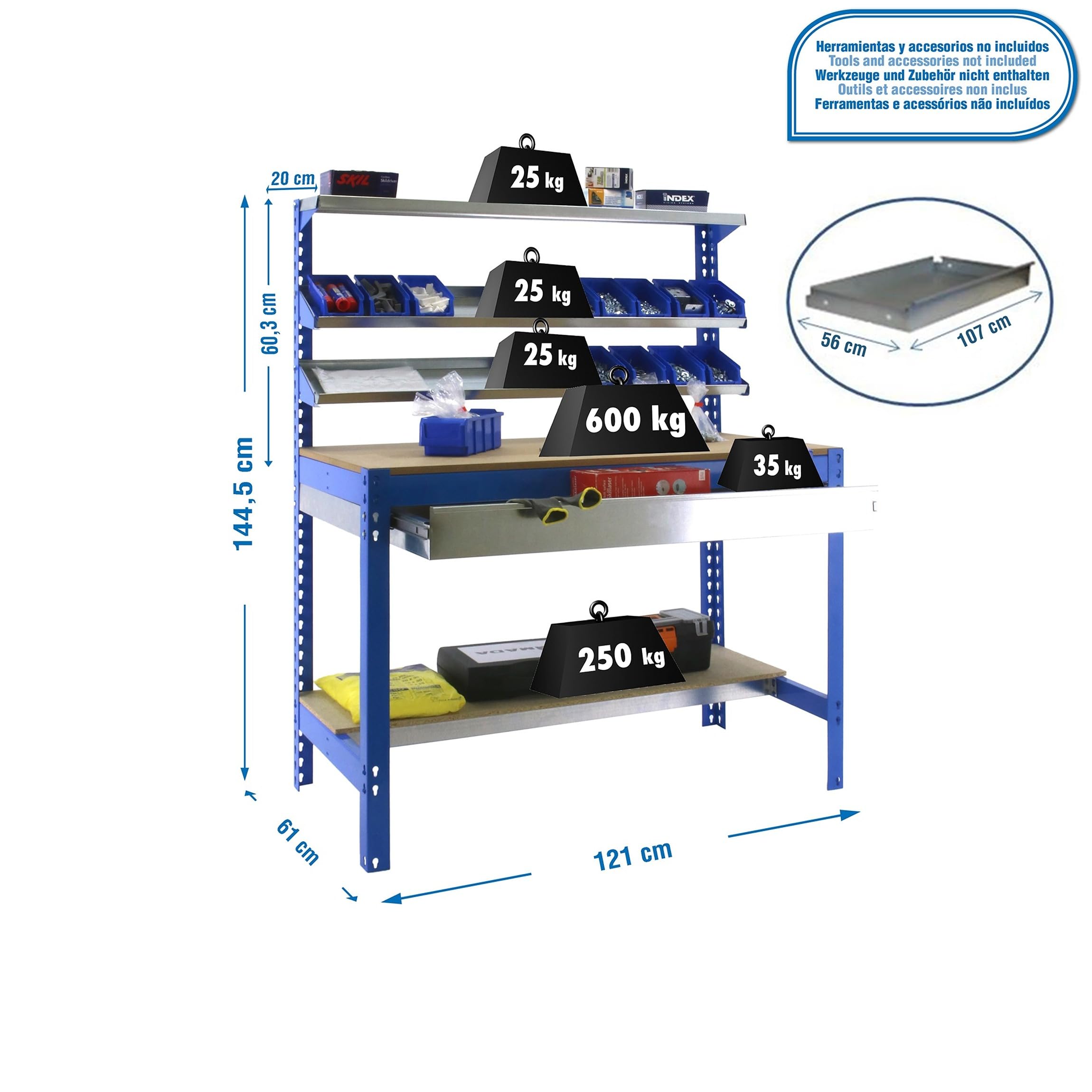 Simon Rack Banco de Trabajo con 3 repisas y cajón 1210x610 mm - BT1