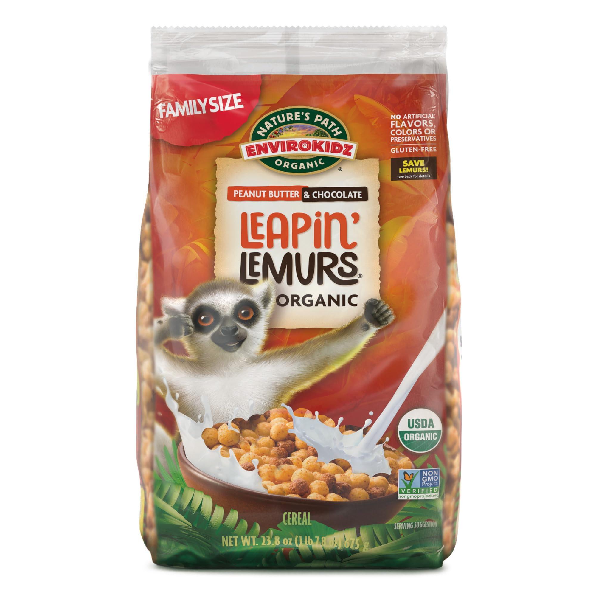 EnviroKidz Organic Leapin' Lemurs Cereal, 23.8 oz (Pack of 1), Peanut Butter & Chocolate, Gluten Free, Fair Trade, Earth Friendly Packaging, by Nature's Path
