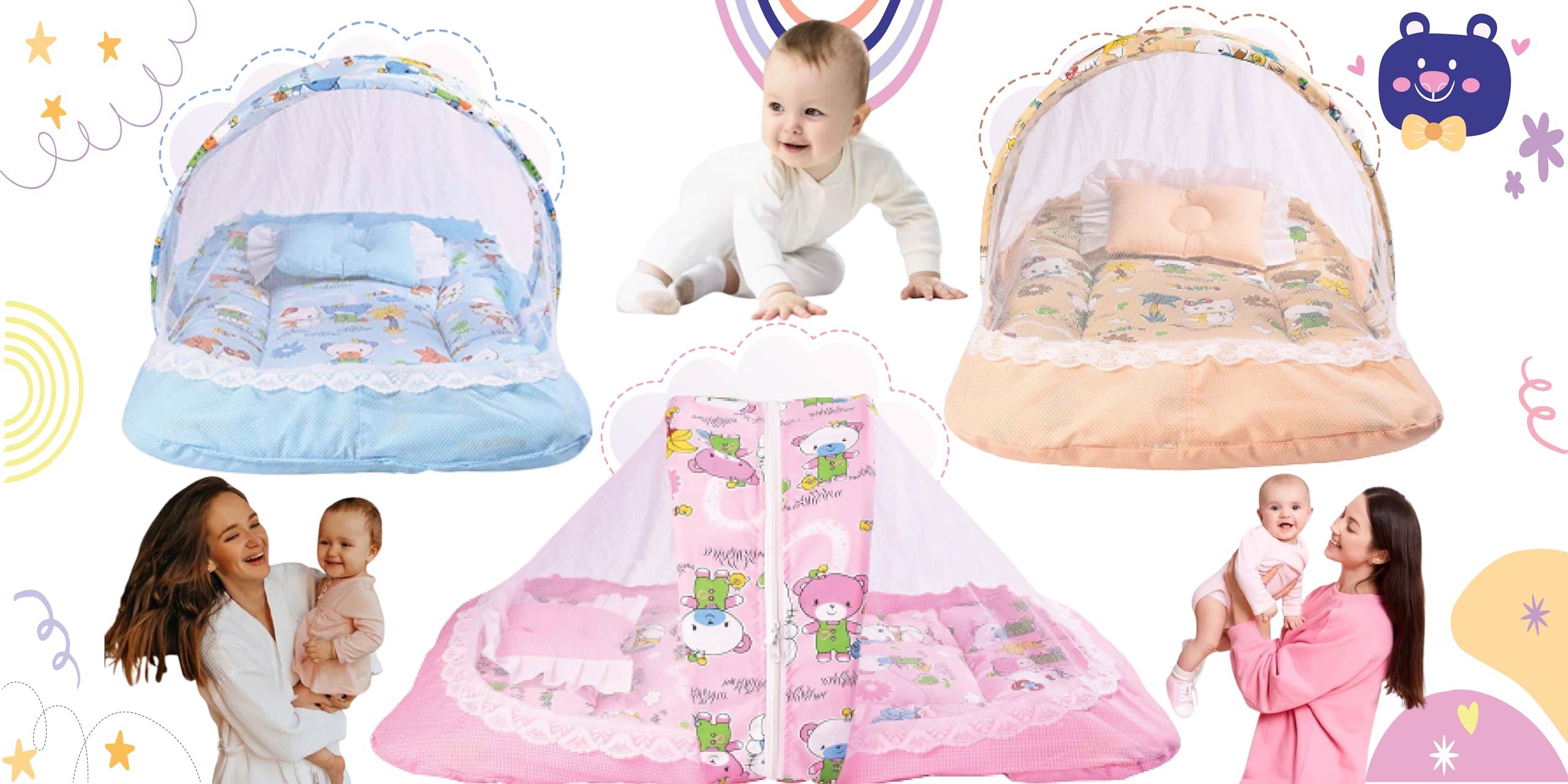 Kwitchy Baby Bed New Born Baby Bedding Set|Mosquito Net|Mattress|Cotton|Zip Closure|Printed|Products All|Infants|Boys&Girls|Gifts 2