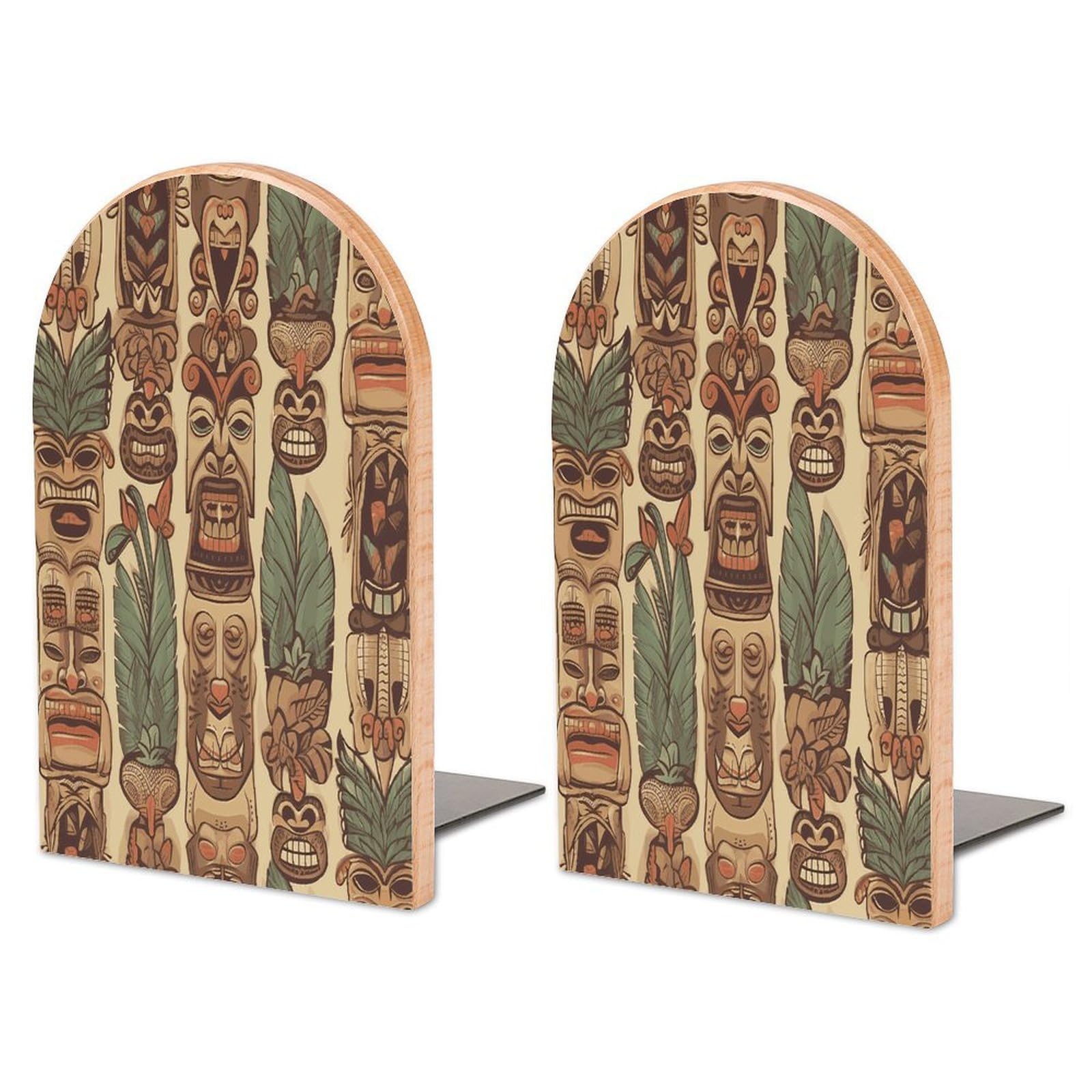 Large Vintage Aloha Tiki Book End with Metal Base Fashion Heavy Duty Bookend Exquisite Wooden Bookends Non-Skid Book Stopper for Shelves Books Organizer for Office Home 1 Pair