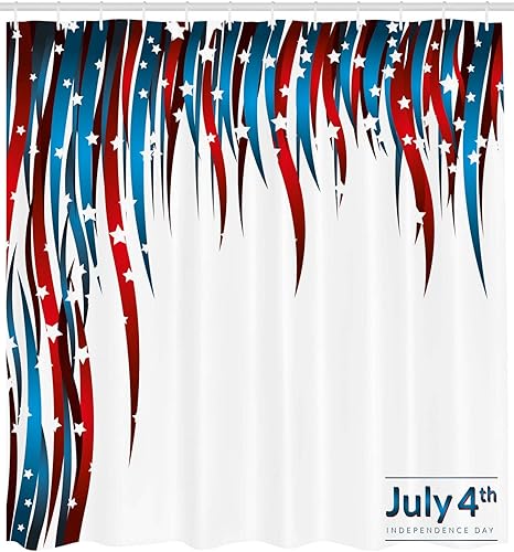 Miniatura 2 de Ambesonne Cortina de ducha del 4 de julio, composición de estrellas temáticas del Día de la Independencia y rayas en remolino, juego de decoración