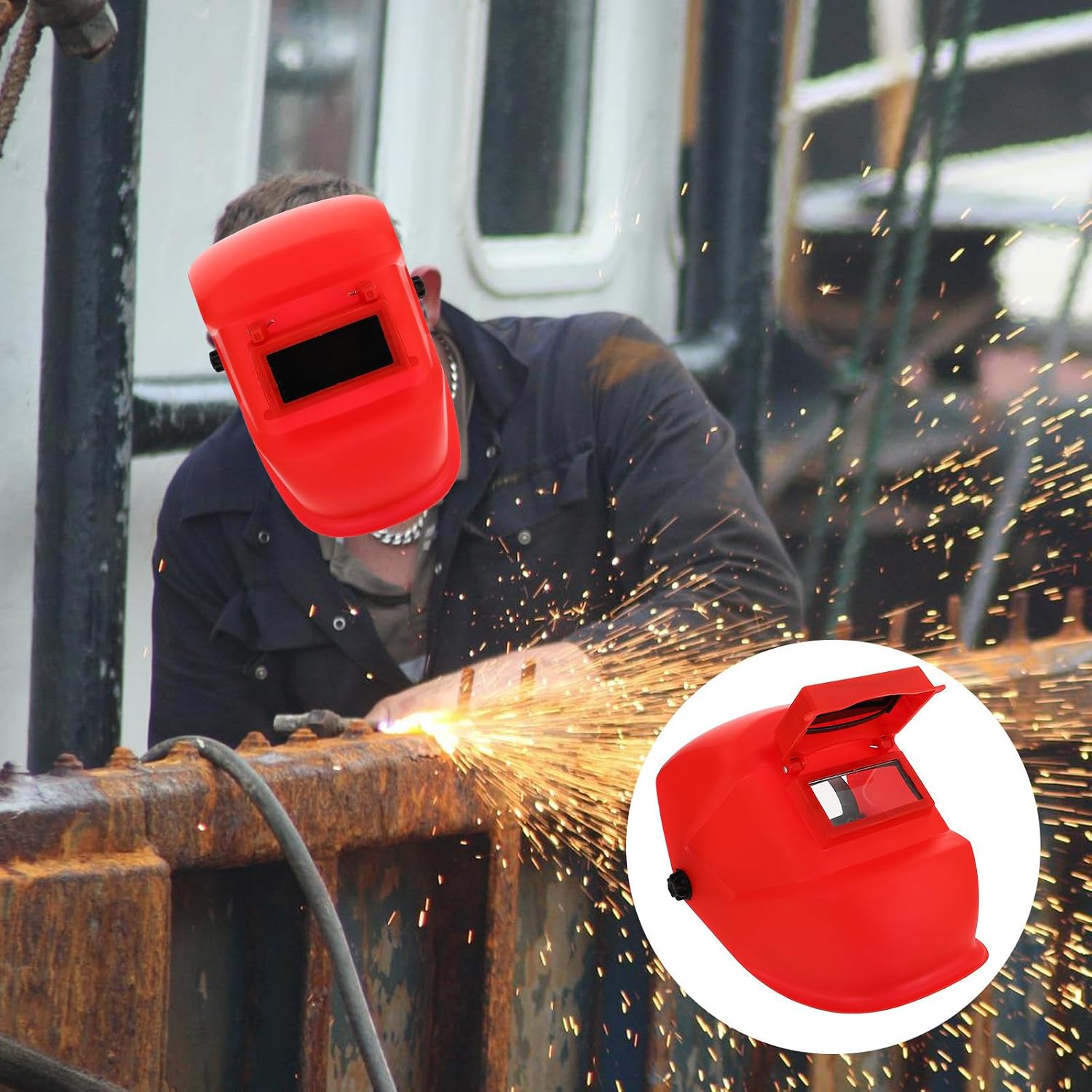 Flip up Welding Helmet Red Lightweight PC Protective Face Cover | Argon Arc Use, Wear Resistant Shell, Heat Insulation, Head Worn Design