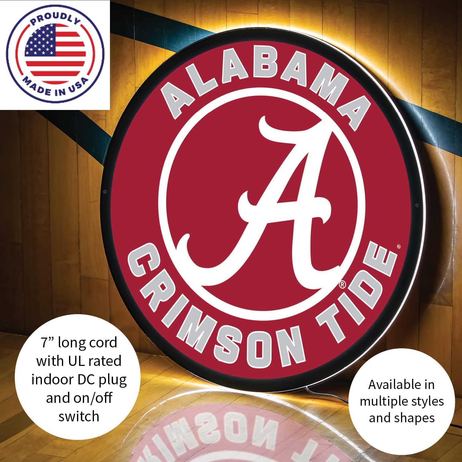 Team Sports America Evergreen NCAA University of Alabama | Ultra-Thin LED Light Wall Sign Decor | 23 Inch Round | Made in the USA