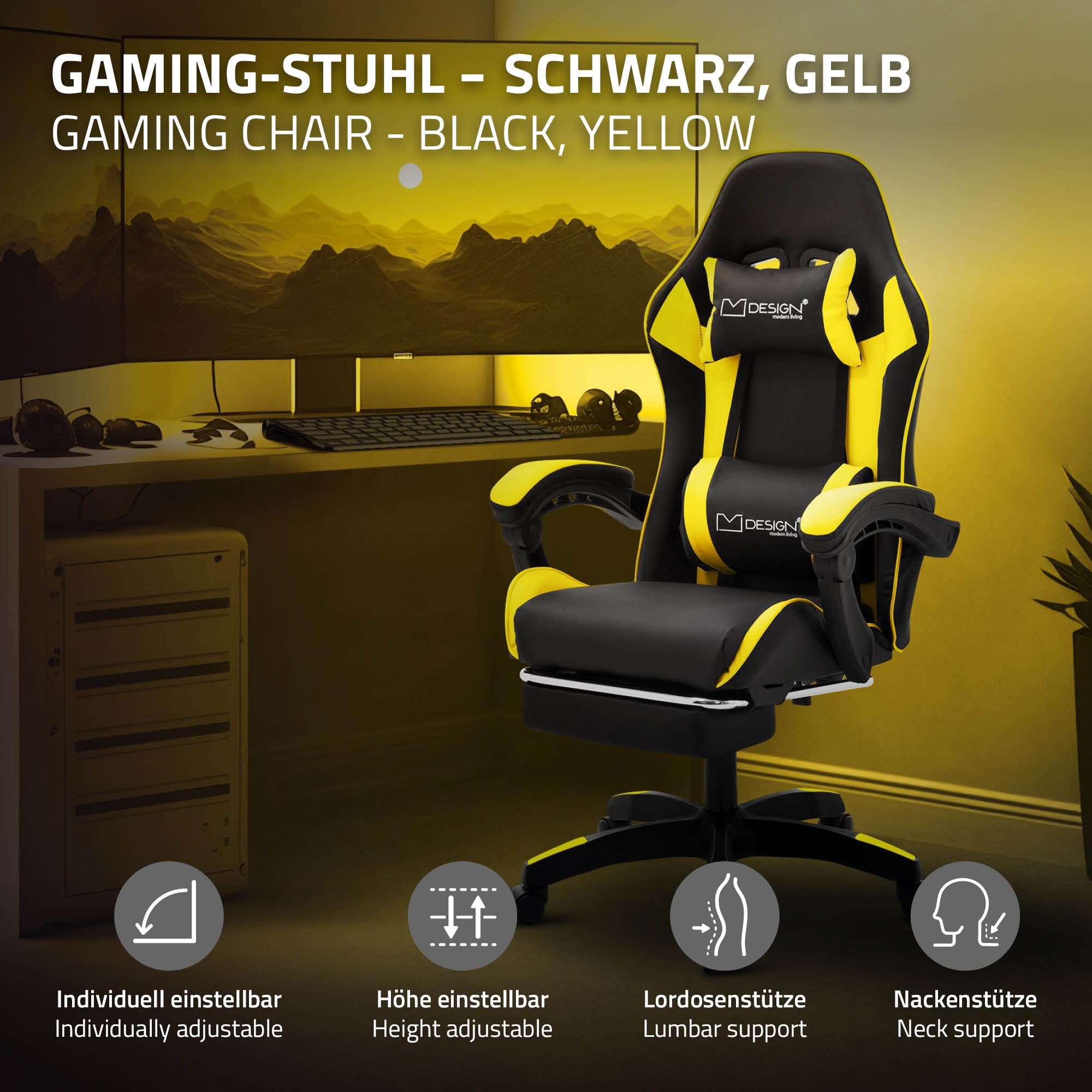 ML-Design Sedia da Gaming Ergonomica in Similpelle Giallo, Poggiapiedi, Braccioli, Poggiatesta, Cuscino Lombare, Stile Racing, Poltrona da Gioco Girevole e Regolabile, Ideale per Scrivania o Ufficio