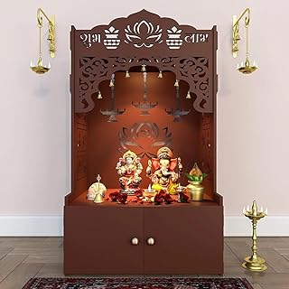 Lotus Pattern MDF Wood Temple with Spacious Shelf inbuilt Focus Light White