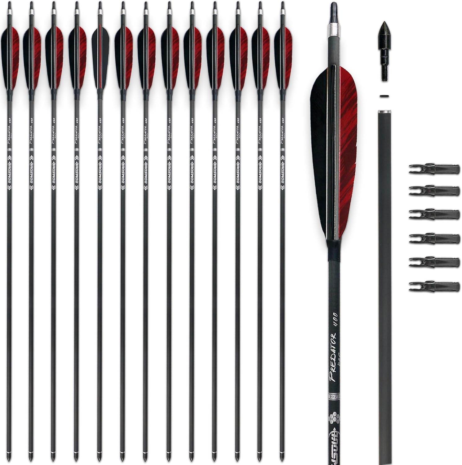 30inch Hunting Carbon Archery Arrows with 5" Turkey Feathers Spine 300/400/500 for Recurve & Long Bow (Pack of 12)