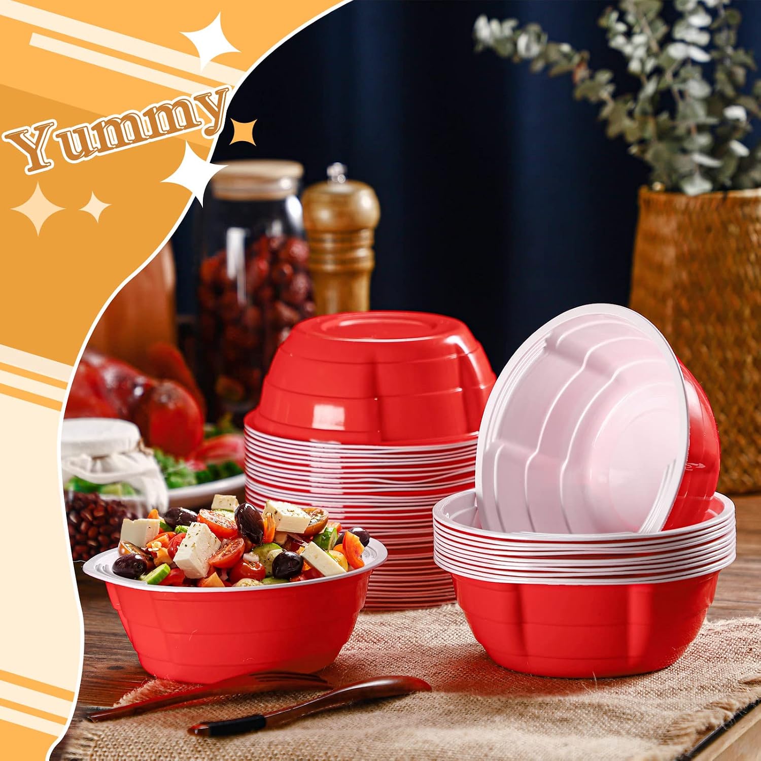 Gejoy 50 Pcs Red Plastic Bowls 23 oz Disposable Snack Bowls New Year Large Salad Dessert Serving Plates for Snacks Wedding Birthday Picnics Holiday Party Supplies