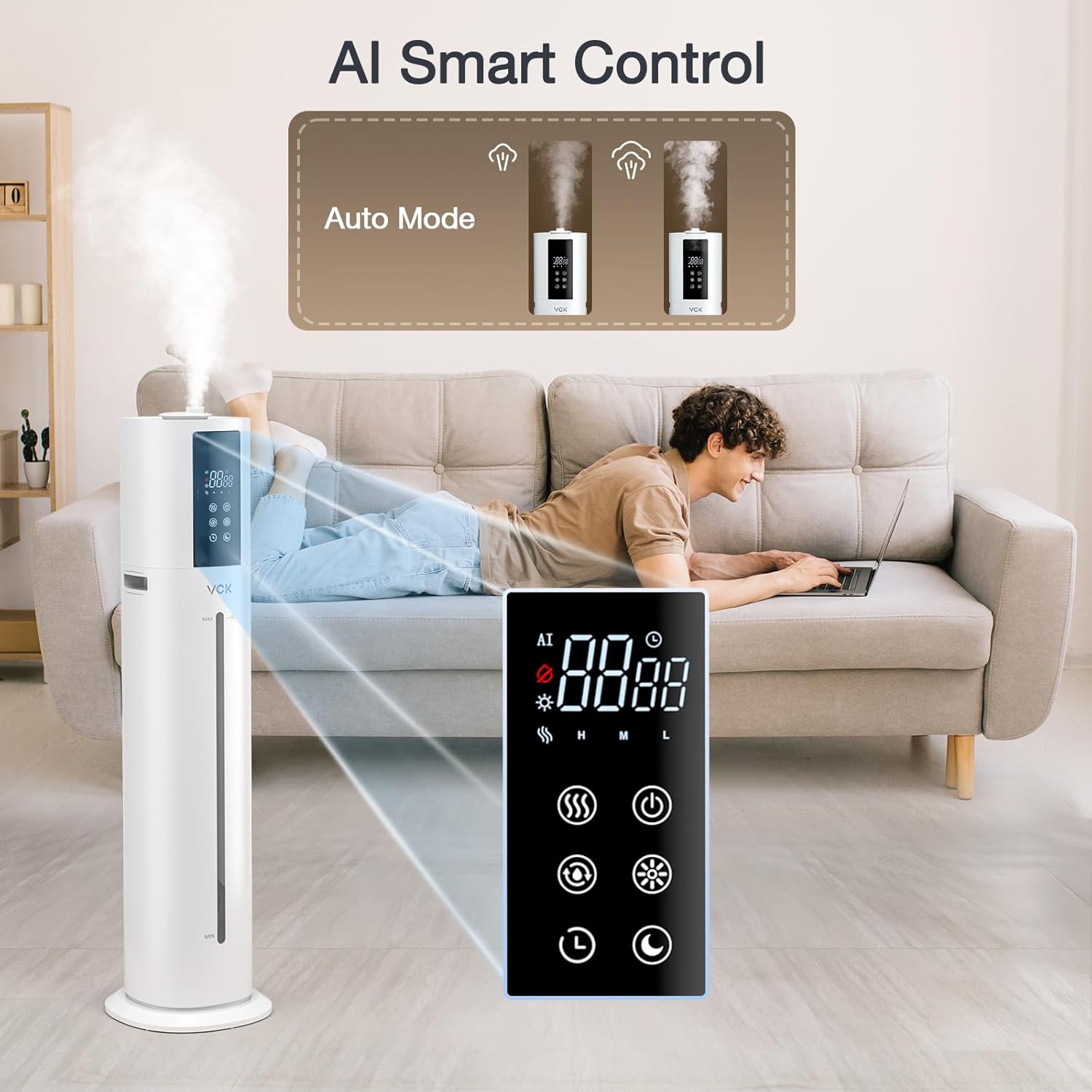 VCK Humidifier with a remote control showing various functions like AI mode, mist levels, timer, and night mode.