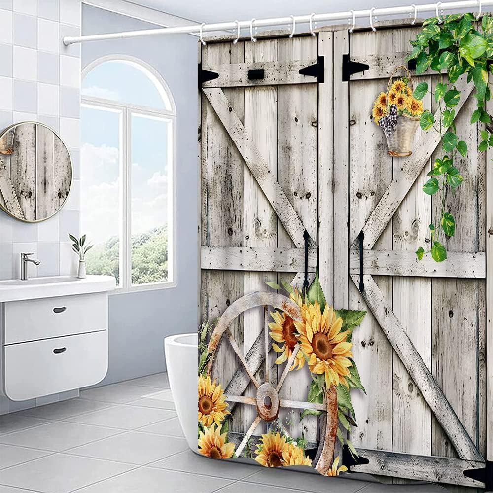 Rustic Sunflower Shower Curtain Vintage Farmhouse Barn Door Wooden Board Yellow Floral Green Leaves Plant Western Country Bathroom Curtains Polyester Fabric Set with Hooks 118Wx70H inch