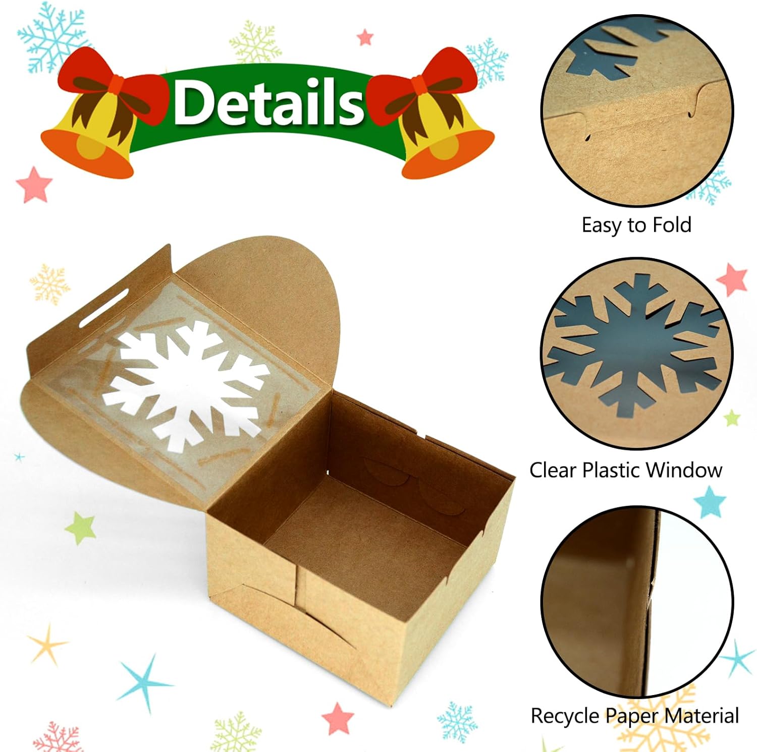25 Pcs Christmas Cookie Boxes with Window Snowflake Square Kraft Boxes Brown Paper Bakery Box for Winter Christmas Wedding Party - Image 3