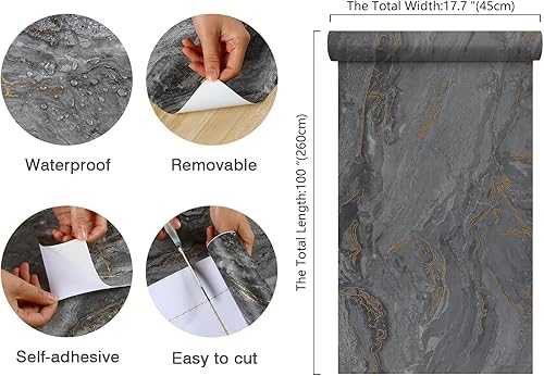 Miniatura 8 de Papel tapiz de mármol mate, para despegar y pegar, impermeable, color gris oscuro, papel adhesivo de mármol para encimeras, papel tapiz autoadhesivo