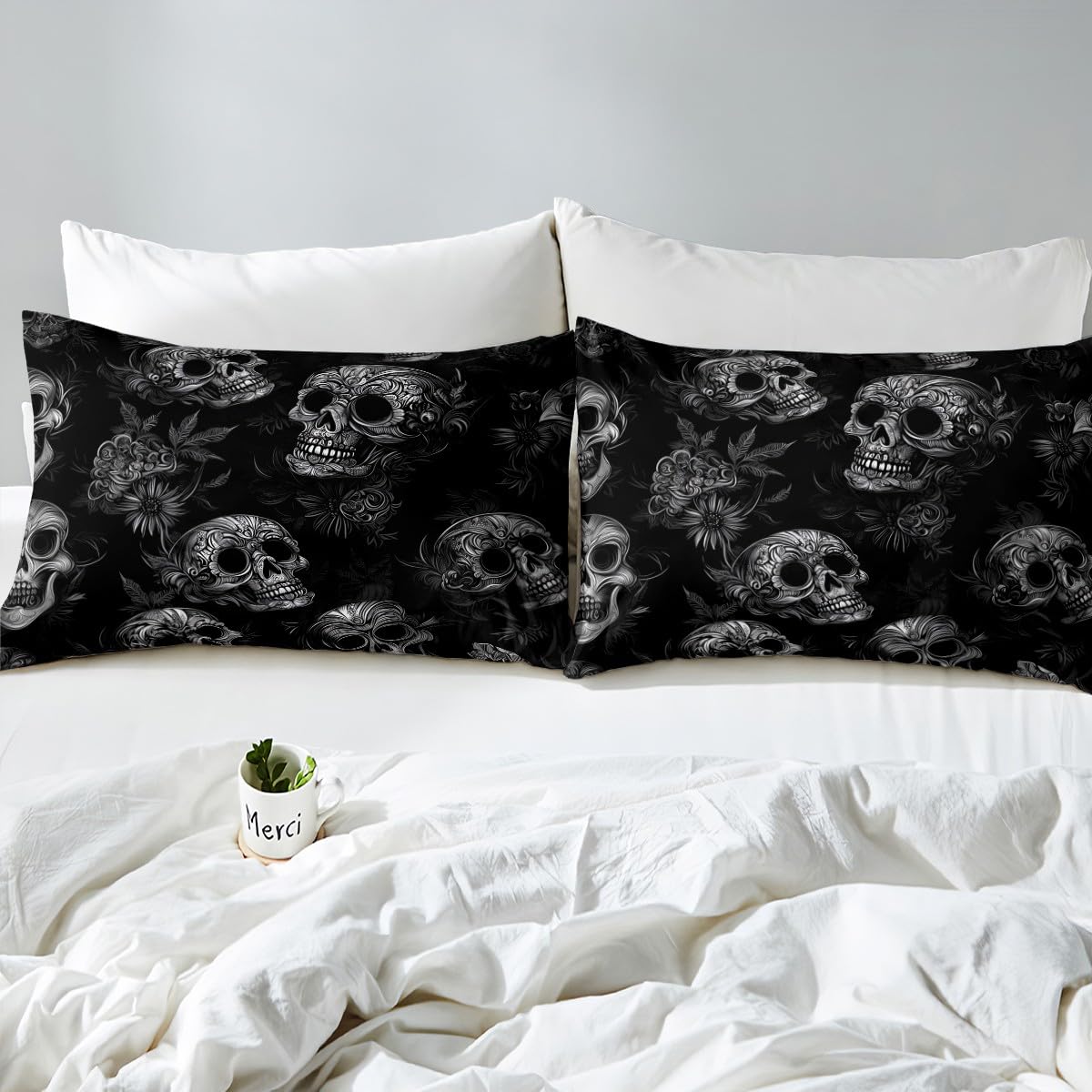 Homewish Juego de sábanas de calavera gótica, juego de ropa de cama doble con diseño de calavera de rosa, decoración gótica de Halloween, sábanas de decoración de habitación espeluznante, juego de