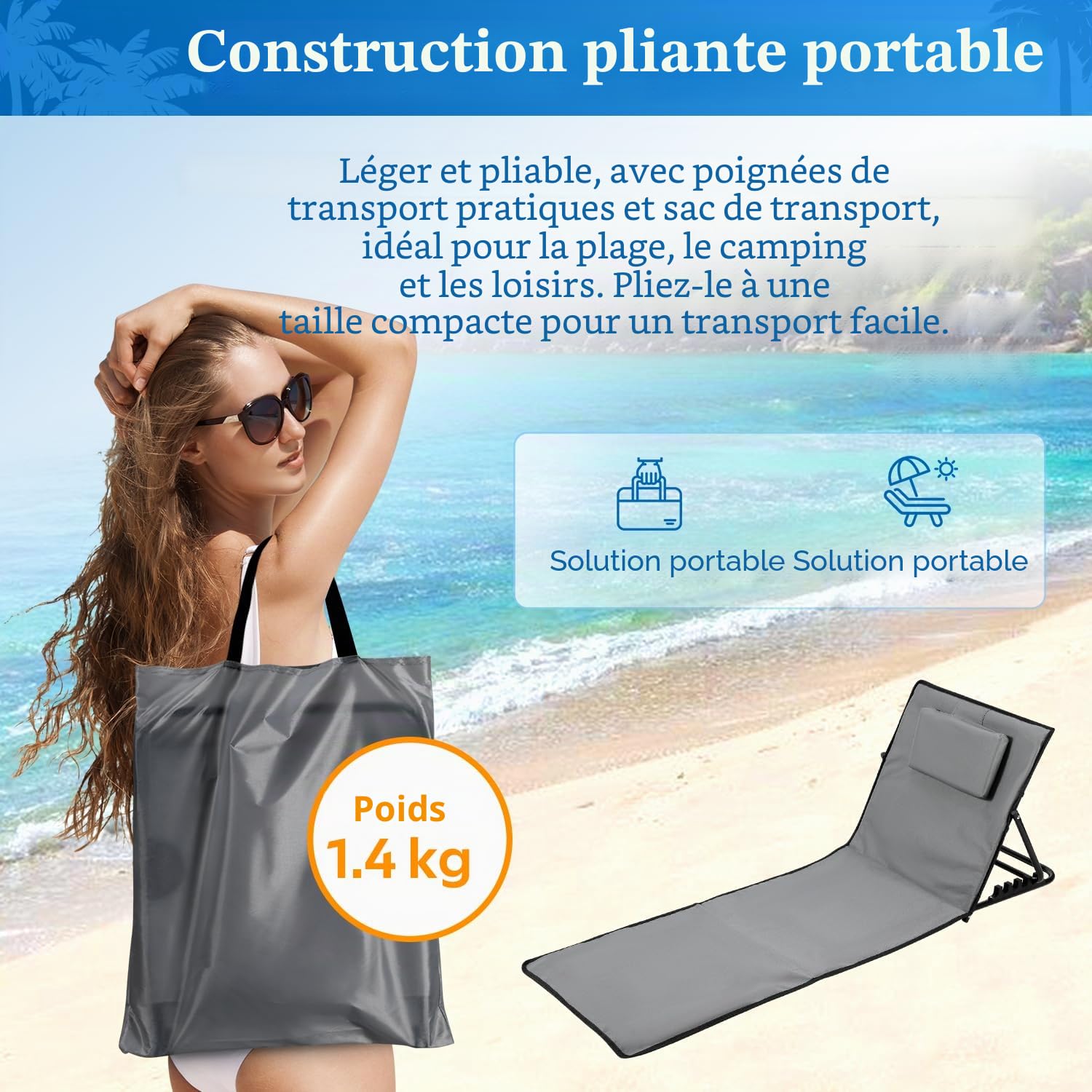Ikodm Tapis de plage pliable, tapis de plage rembourré, chaise longue de plage avec sac à main, compartiments de rangement, coussin intégré avec réglage à 5 vitesses, tissu résistant à l'usure (158 cm