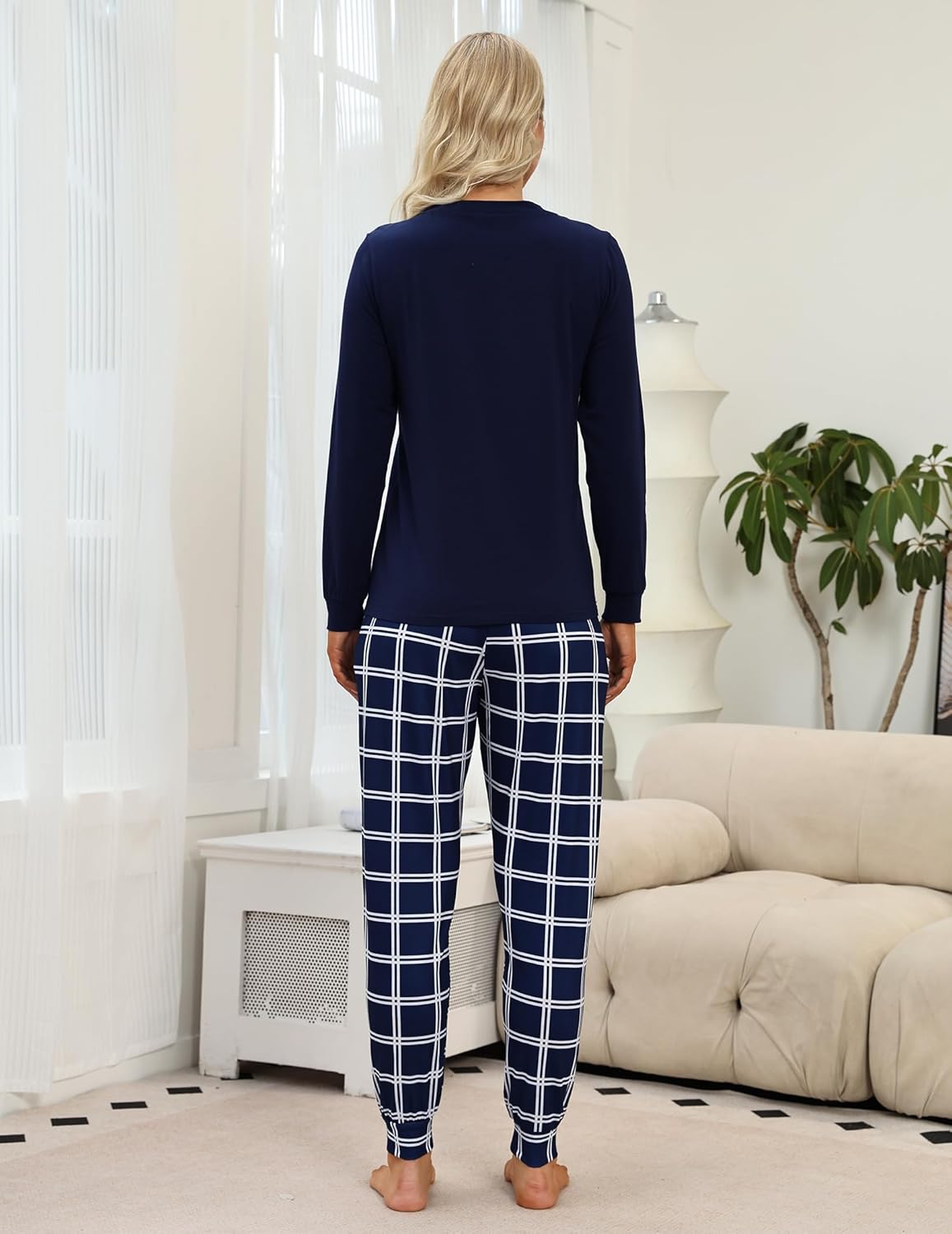 Cotton Pajamas for Women Set Soft Women's Long Sleeve Pajamas Set with Check Jogger Pants Lounge Set with Pockets - Image 3