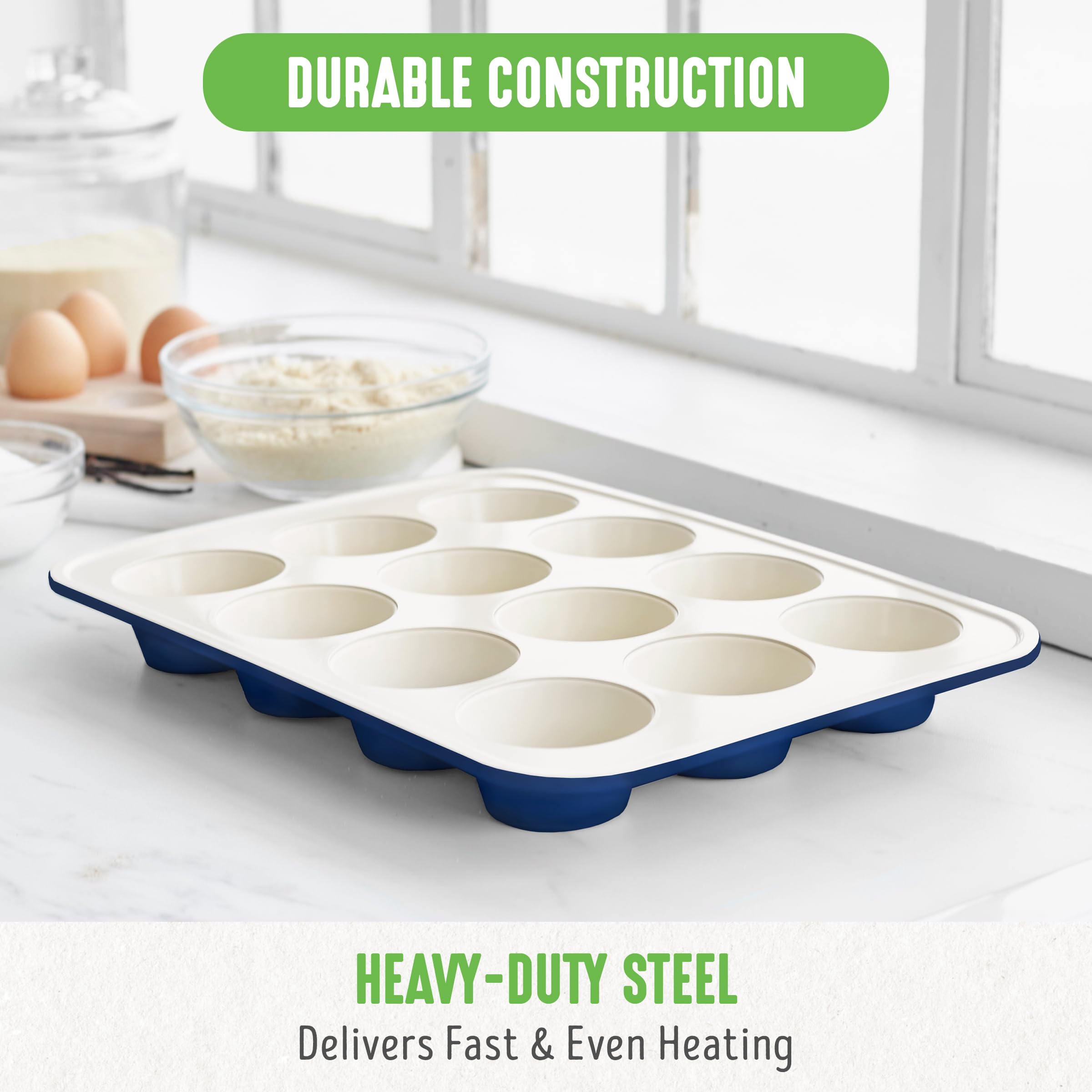 GreenLife Healthy Ceramic Non-Stick 12-Cup Muffin Tray, PFAS-Free, Royal Blue, 12 Cup Muffin and Cupcake Baking Tin - Image 3