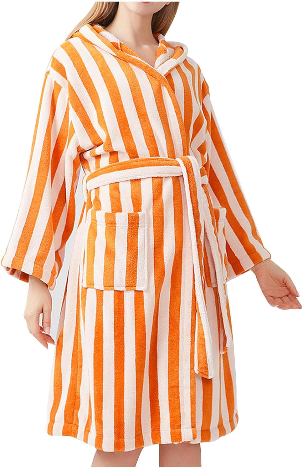 Womens Striped Pajamas Robes Long Thicken Fleece Sherpa Sleepwears Ladies Bathrobes Cozy Winter Nightgowns Loungewear