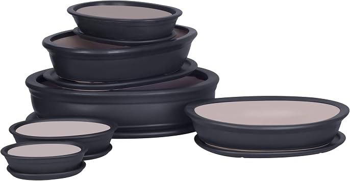 Bonsai Bowl Mini Tree Garden Ceramic Clay Flower Pot Saucer Black 6 Sizes (40)