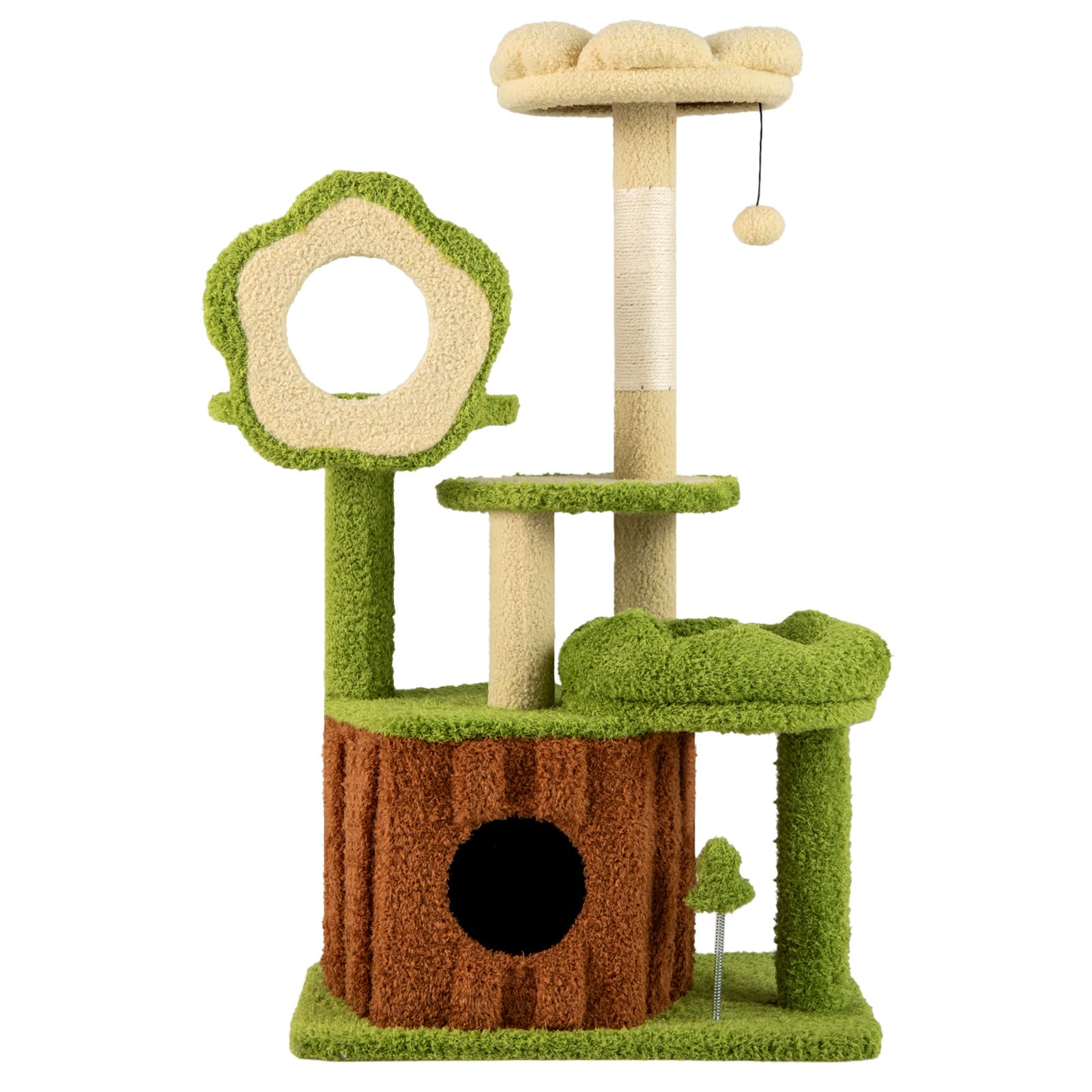 GYMAX Albero per Gatti Multilivello, Torre per Gatti con Nicchia a Forma di Tronco, Posatoio a Forma di Fiore, Letto per Pisolino, Piattaforme, Tiragraffi, Pompon, Palla a Molla