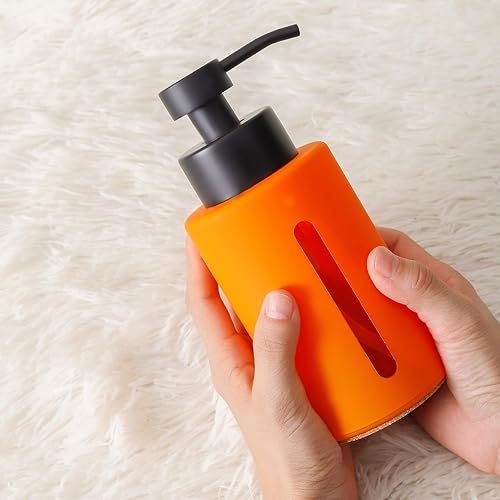 Miniatura 5 de Enra Dispensador de jabón de vidrio de otoño con ventana, dispensador de jabón de baño naranja de 12 onzas con bomba de loción de acero inoxidable,