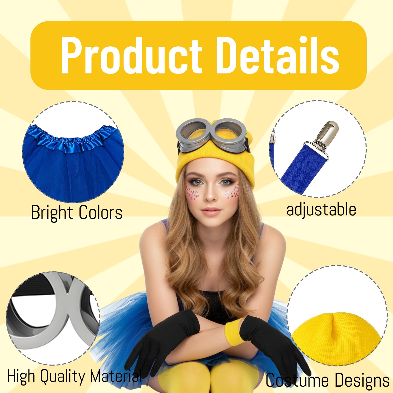 BFSYRR Yellow Costume, 6 Piece Set Fancy Dress for Carnival Halloween Parties and Cosplay Events, with Hat, Glasses, Gloves - Image 3
