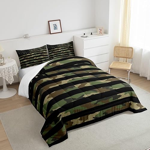 Miniatura 4 de Feelyou Juego de edredón de camuflaje del ejército con bandera estadounidense, decoración militar, camuflaje verde selva, bandera de Estados Unidos,