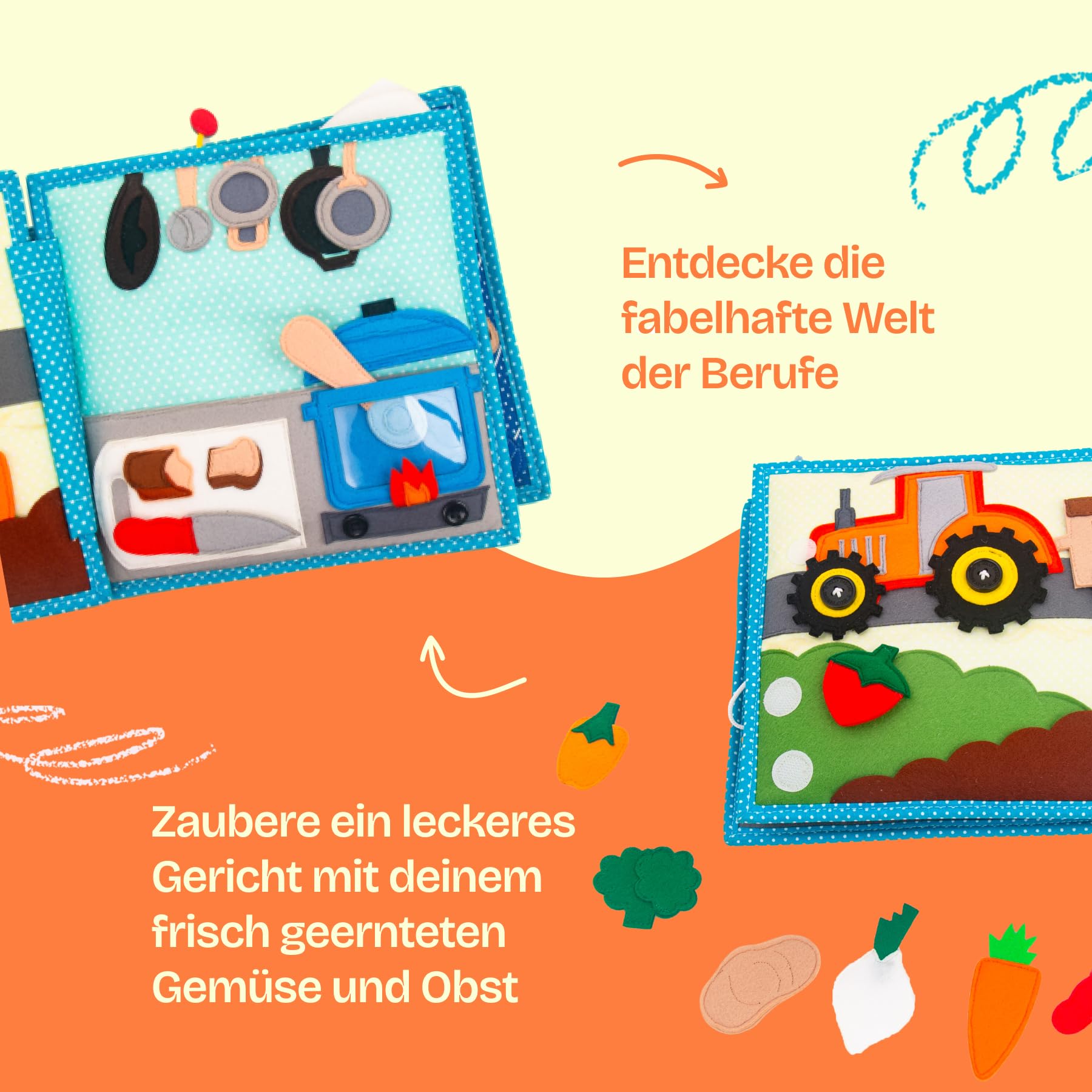 Jolly Designs – Mein Traumjob – 6 Seiten Quiet Book – Montessori Spielzeug ab 3 Jahren – Motorik & Sensorik fördern – Handgefertigtes Filzbuch – Lernspielzeug für Kleinkinder – Busy Book für unterwegs