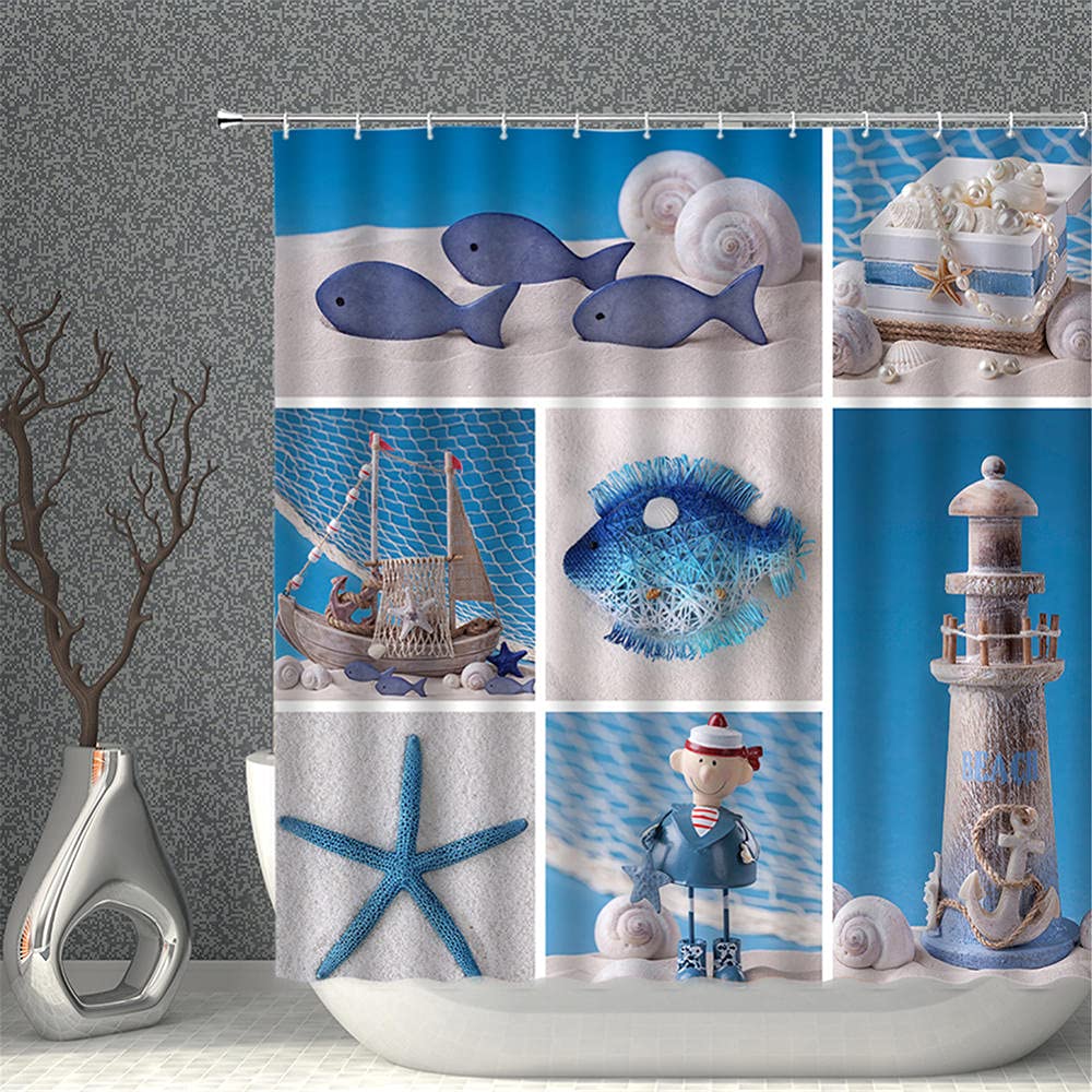Riyidecor Tenda da doccia per bagno con vista oceano, spiaggia, scena, tramonto, alba, tramonto, 152 x 183 cm, costiera, hawaiana, estate, mare, isola, blu, set in tessuto impermeabile BB-JWXP