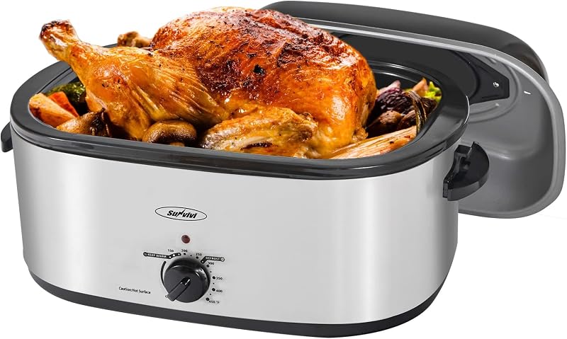 Horno asador de 28 libras y 24 cuartos, horno asador eléctrico con tapa de visualización, asador de pavo con función única de descongelación/calentamiento, asador grande con bandeja y rejilla extraíbles, acero inoxidable, plateado