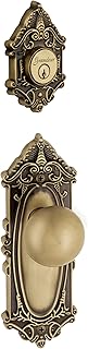 Grandeur Grande Victorian Plate with Fifth Avenue Knob and Matching Deadbolt Complete Single Cylinder Combo Pack Set, Vintage Brass