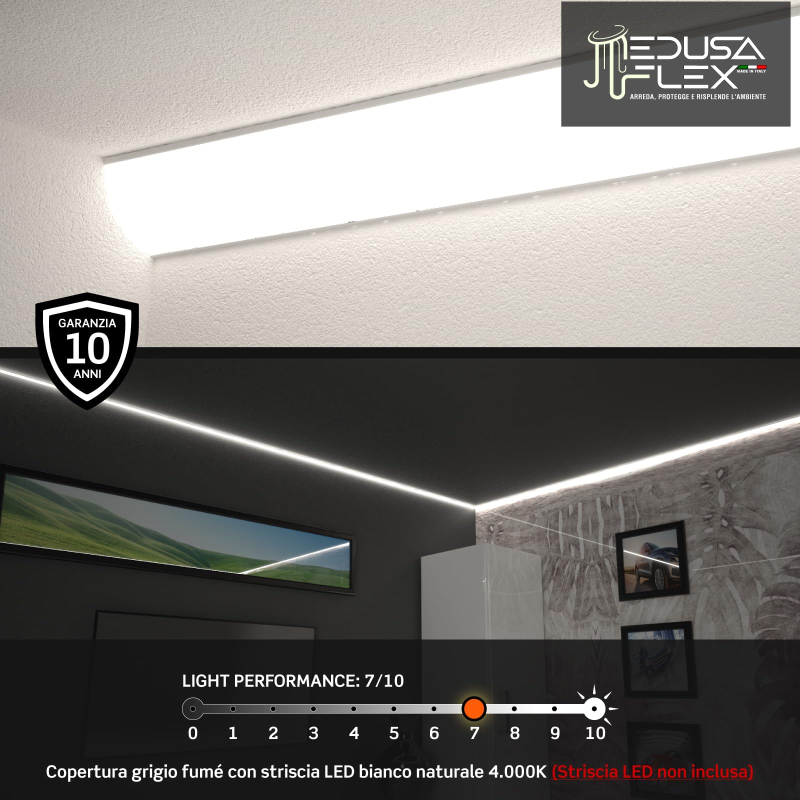 Profilo Alluminio Angolare per Strisce LED Bianco con copertura Professionale Grigia Made in Italy MedusaFlex in Policarbonato - Pacco da 5 (10m) 2000 x 15.8 x 15.8mm - Cover standard opaca inclusa
