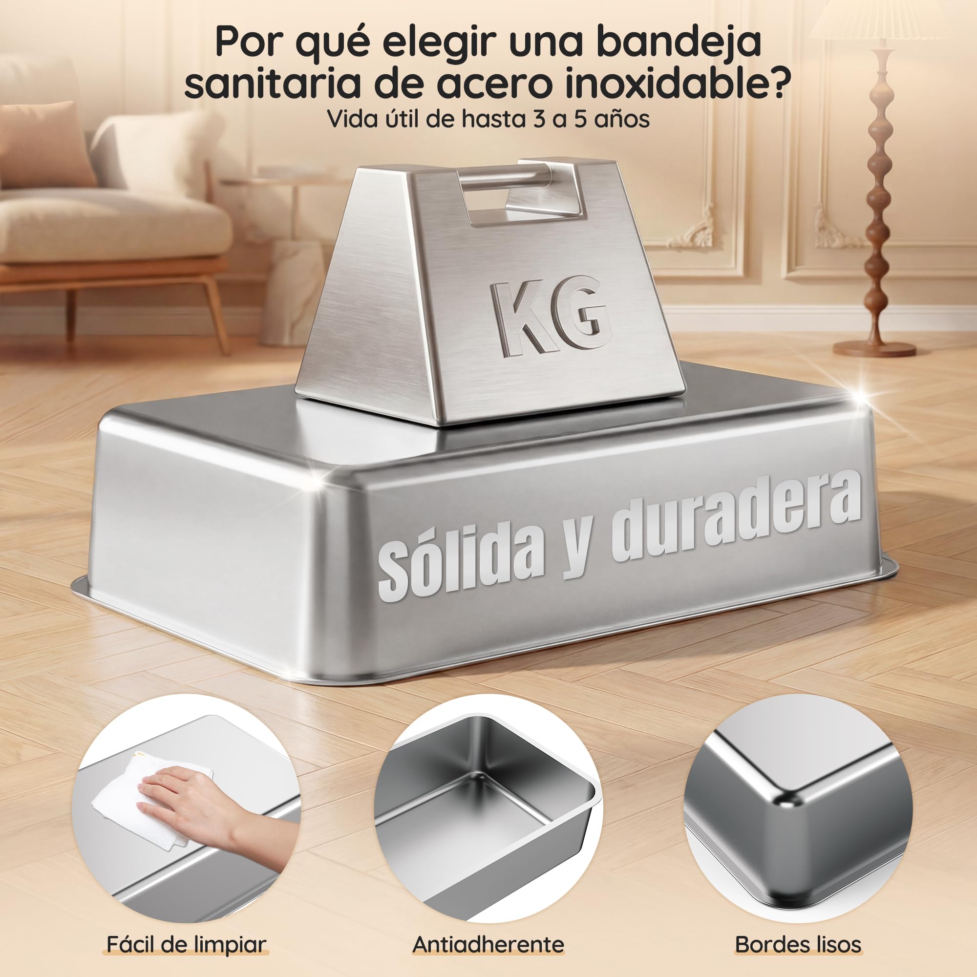 JUMMICO Arenero Acero Inoxidable Gatos, con Entrada Antigoteo, Robusto y Resistente a los Arañazos, Fondo Antiadherente Fácil de Limpiar,60L Caja de Arena para Gatos Grande con Pala y Bolsas de Basura