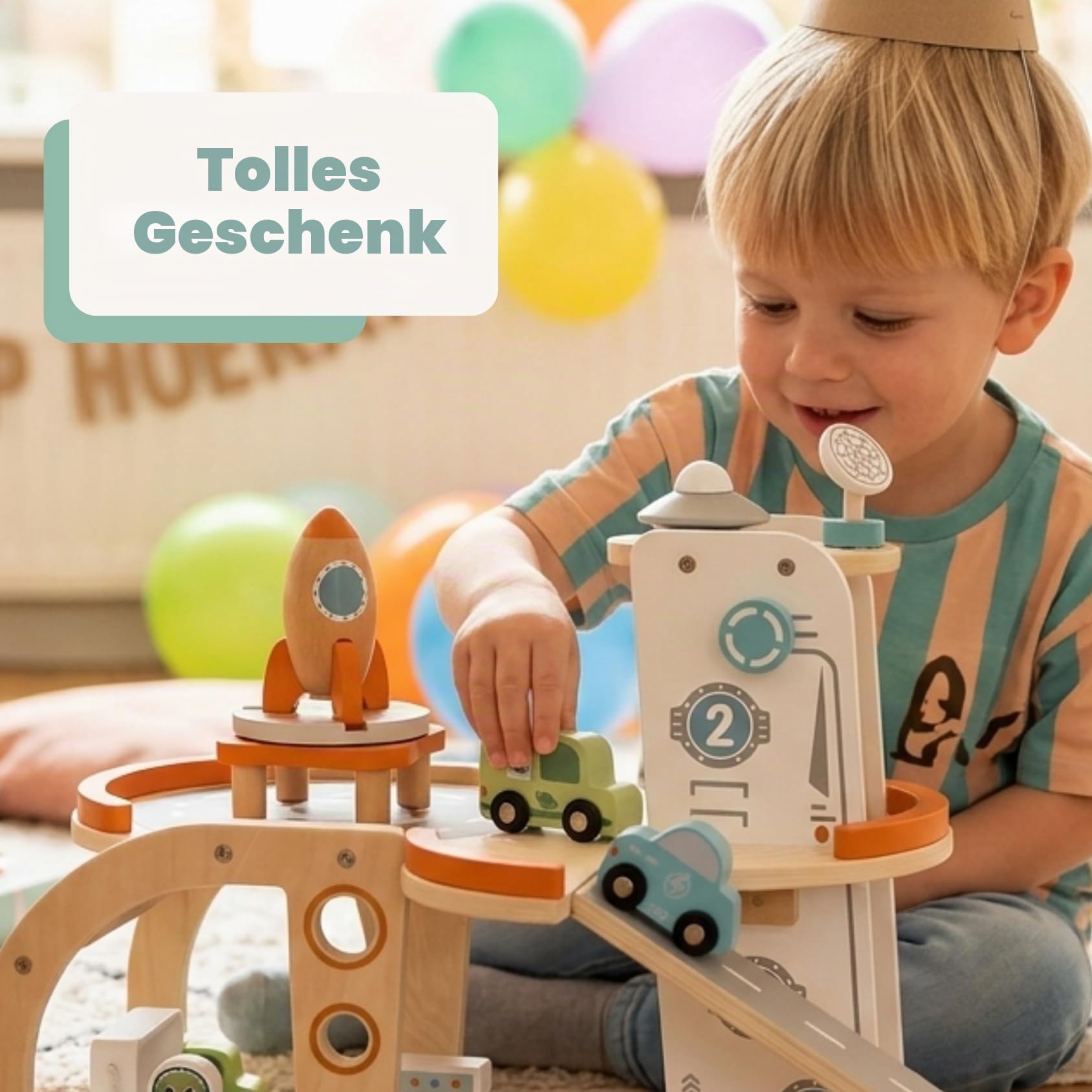 Tooky Toy Weltraum Spielstation FSC Holz: Spielgarage mit Rakete, Astronauten & Fahrzeugen, Montessori Lernspielzeug, Fördert Motorische, Soziale & Emotionale Entwicklung, Geschenk ab 3 Jahren