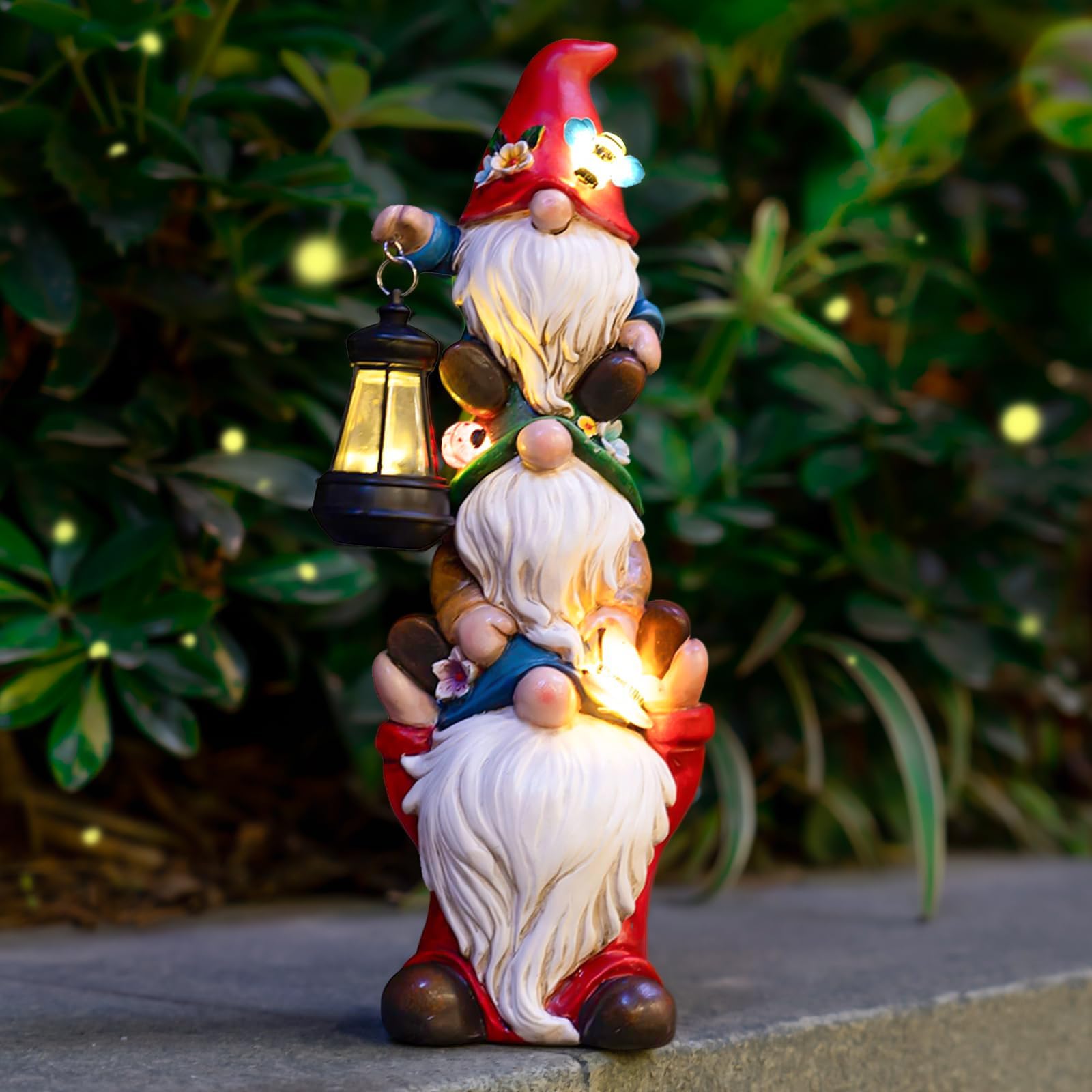 twinbling Garden Gnome Statue with Solar Lights Garden Sculptures Funny Triple Gnome Outdoor Patio Lawn Yard Balcony Garden Home Decor Gifts for Women Mom Grandma 12 in Summer Gnome