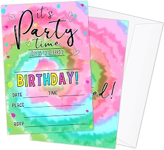 Tie Dye Birthday Party Invitation Cards for Teens, Party Invitation for Girls Boys 20 Cards With 20 Envelopes -01