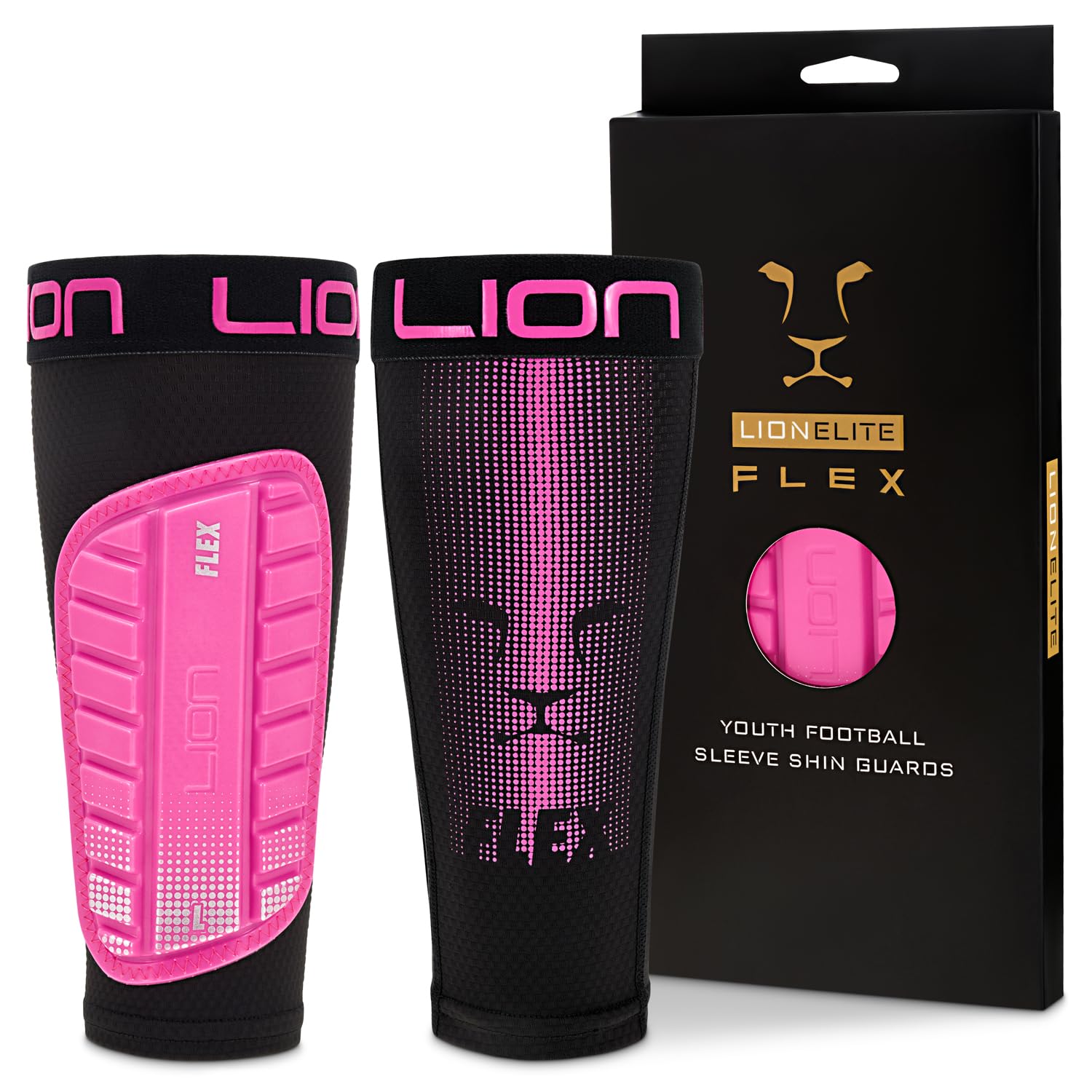 LION ELITE Youth Shin Pads with Sleeves – Flexible Football Shin Guards for Kids – Non-Slip, Multiple Colours | Pink - Youth Small