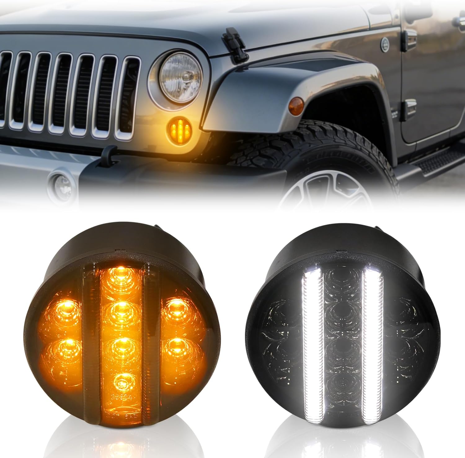 2PCS LED Amber Yellow Front Fender Side Marker Turn Signal Lights for 2007-2018 Jeep Wrangler JK JKU Smoked Lens Running Parking Lights Front Fender Side Marker Light Assembly (Amber)