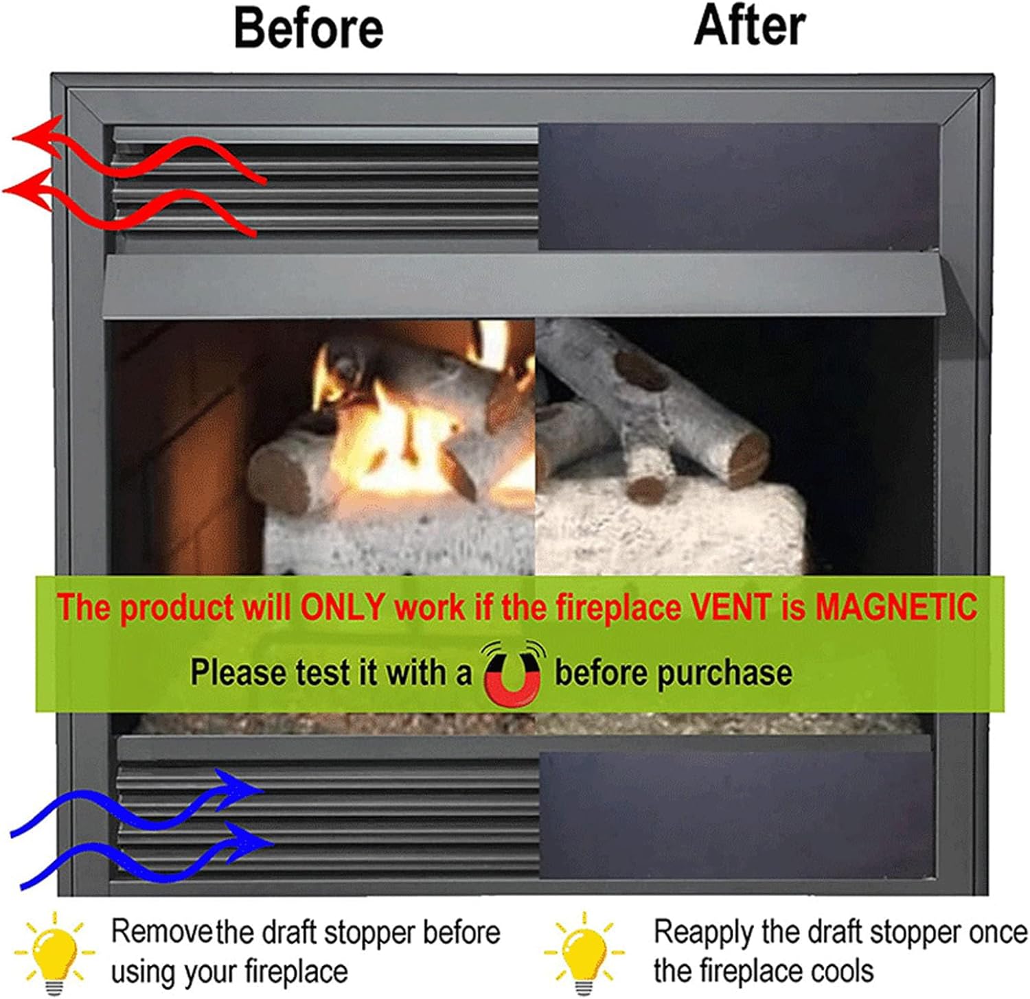 Magnetic Fireplace Screen, 2pcs Magnetic Rubber Draft Stopper Windproof Indoor Fireplace Blocker Fire Place Draft Blanket Heat Loss Cover (101.6 * 15.24cm)