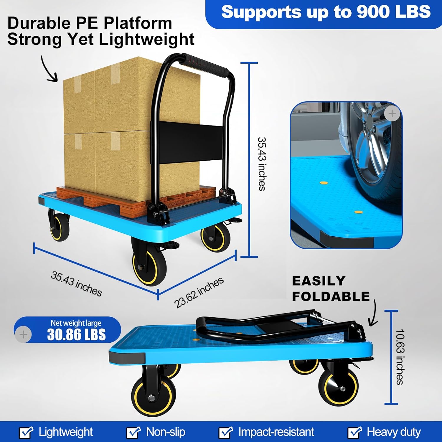 WUD Foldable Hand-Push Platform Truck with Brake, 360-Degree Swivel Wheels, 35.4”L x 23.6”W, 880 lb Load Capacity, Suitable for Luggage, Travel, Moving, Shopping, Office, Home Garden, Blue