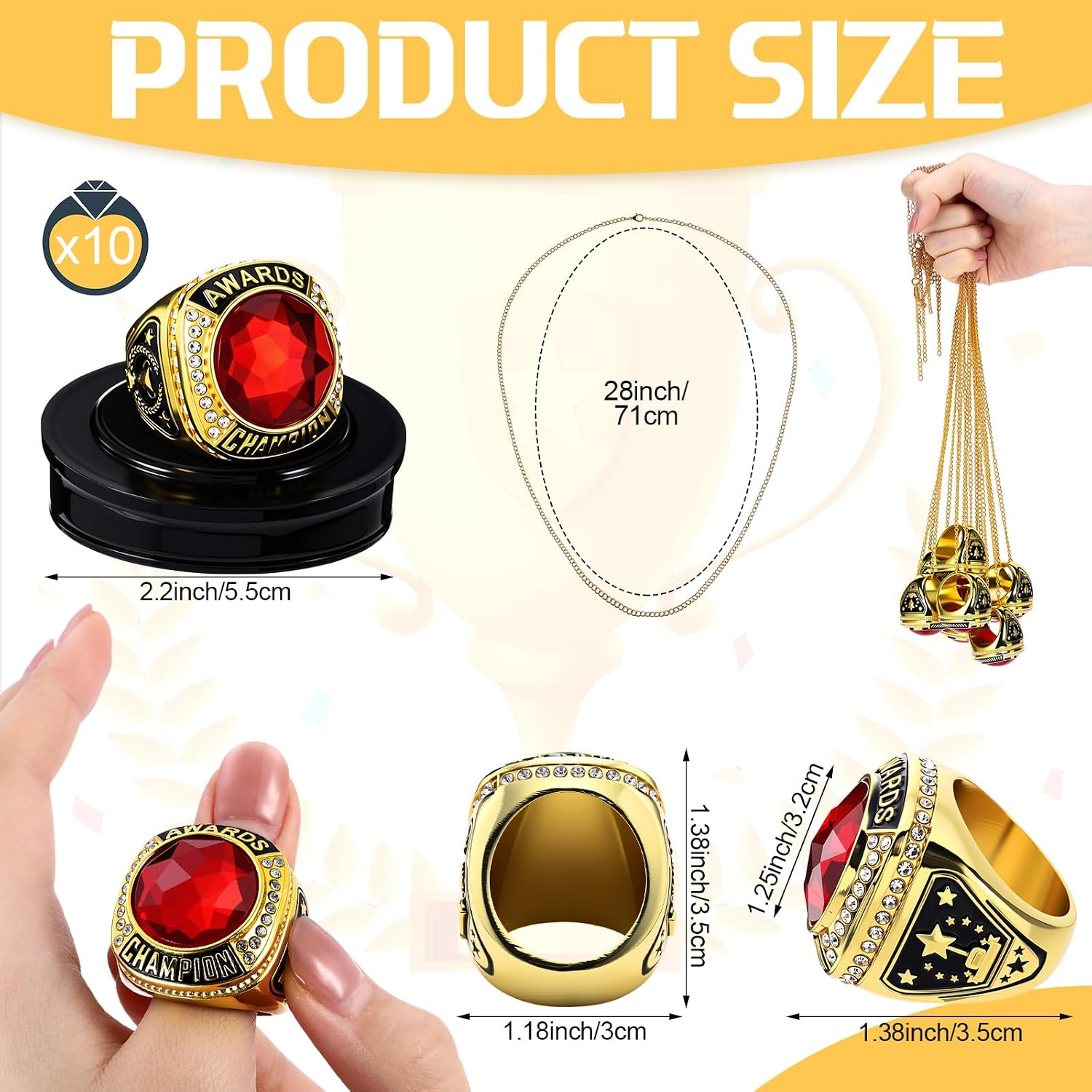 Landical 10 Pcs Championship Trophy Rings Bulk MVP Winner Youth Award Gift with Neck Chains and Display Stand for Basketball Baseball Football Volleyball Softball