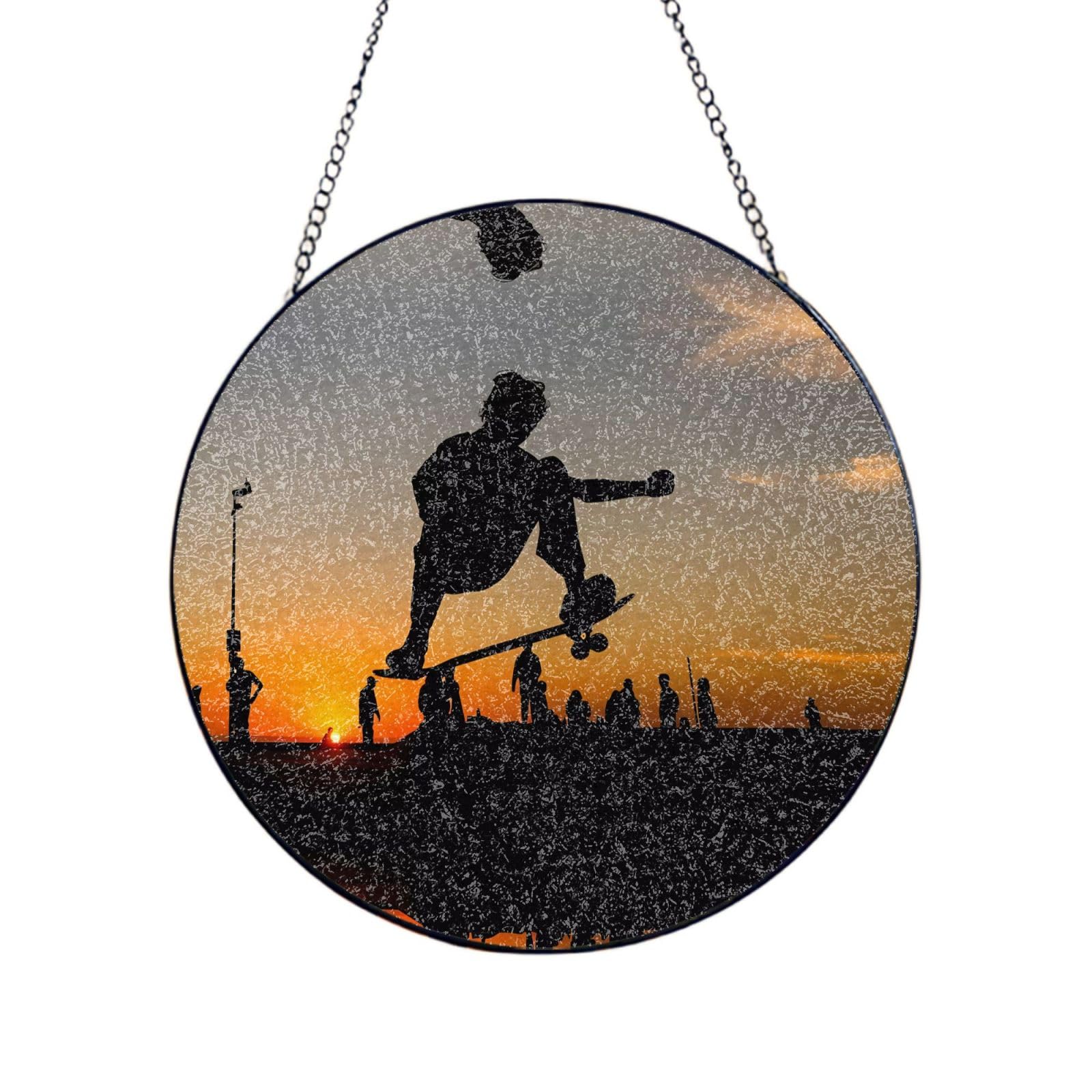 Phayah Skateboard Print Stained Glass Window Hanging Suncatcher For Door Terrace Garden Home Decor Sun Catcher Birthday Gifts For Lovers Dad Mom 12in（30cm）