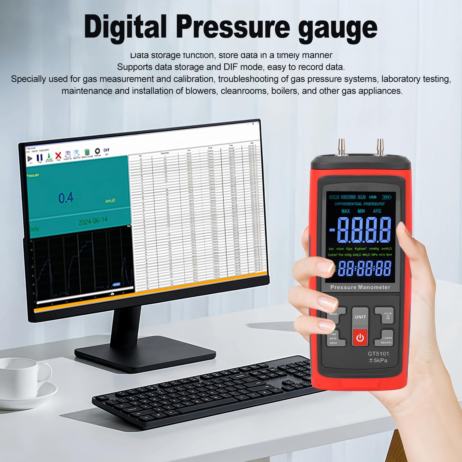 Fyearfly Medidor de Presión Diferencial ±5kPa, Pantalla LCD Retroiluminada Manómetro de Presión Digital de 2 Puertos Medidor de Presión de Gas, para Laboratorio, Sopladores, Salas Blancas