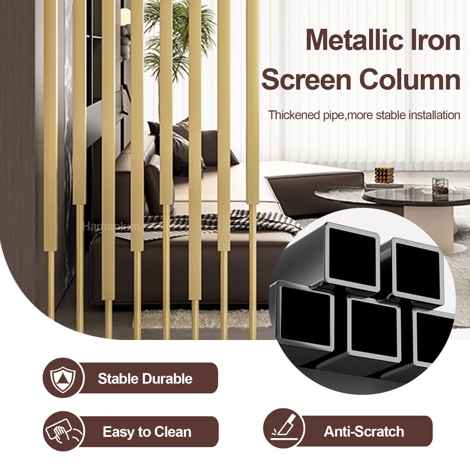 Biombo Separador de ambientes Gold Paravent | Panel divisorio Independiente para Pasillo de Entrada y Escalera | Mampara de privacidad de 5/8 Piezas con Listones metálicos(5pcs-A,120cm/47in/3.9ft)