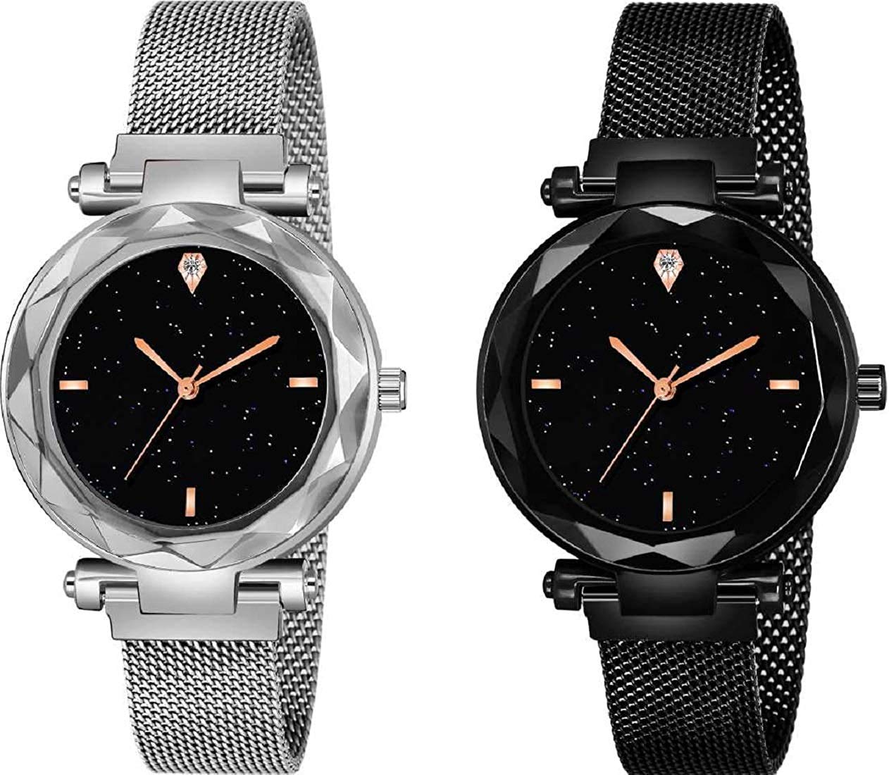 Acnos® Premium 4 Point Black and Silver Color with Trending Magnetic Analogue Metal Strap Watches for Girls and Womens Pack of - 2(P-200-220) (B08965W49Q) Amazon Price History, Amazon Price Tracker