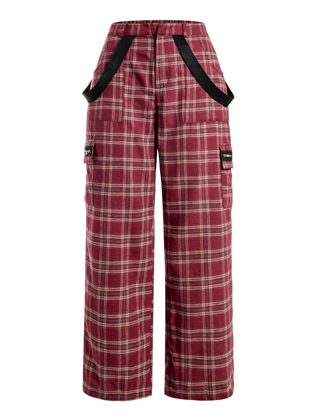 Photo 1 of WDIRARA Women's Tartan Plaid Print Elastic Waist Pants Grunge Straight Leg Pants Trousers Burgundy