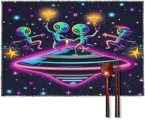 Spaceship Alienes Rave - Juego de 6 manteles individuales resistentes lavables para decoración de mesa de cena y fiesta