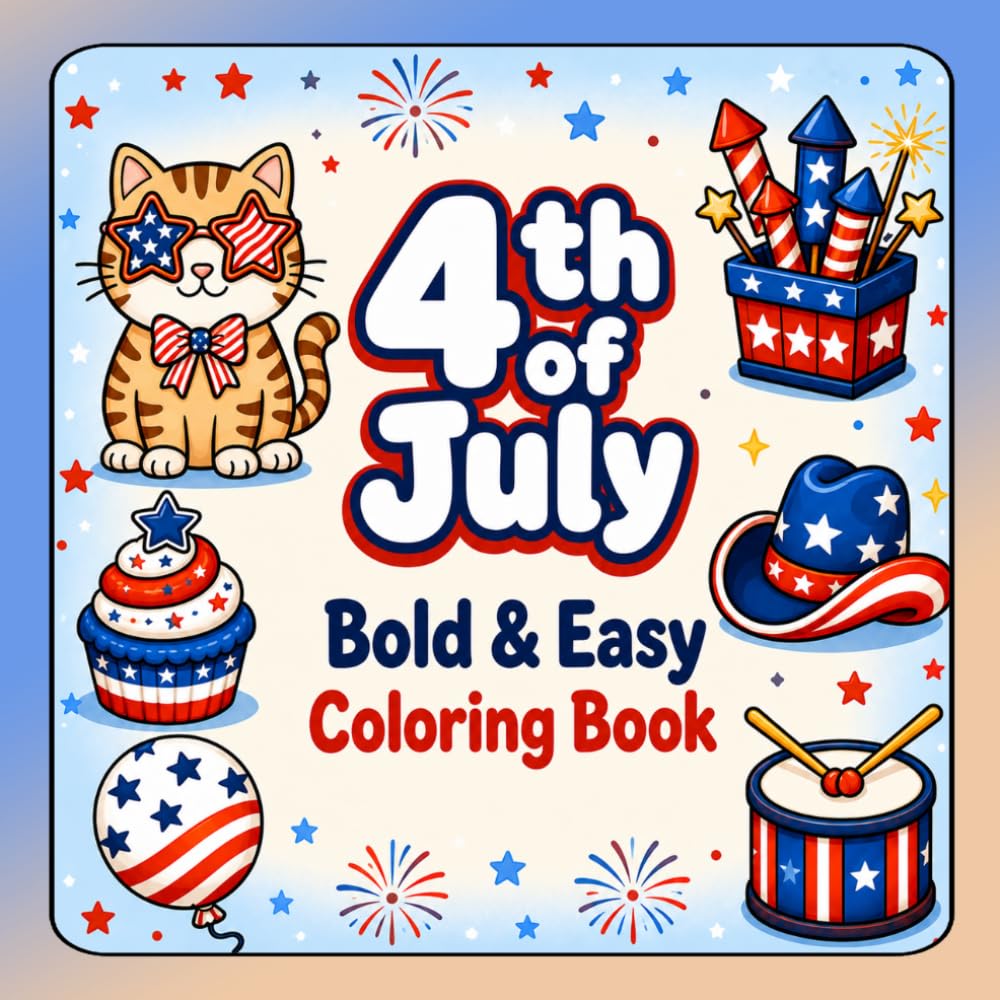 4th of July Bold & Easy Coloring Book: Patriotic Coloring Fun with Fireworks, Flags, Cute Animals, and Festive Designs for All Ages