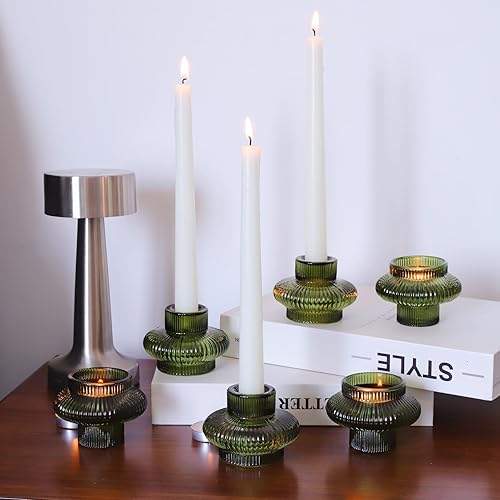 Miniatura 5 de VOHO 12 portavelas verdes para decoraciones navideñas, candelabros acanalados apilables para diferentes alturas, portavelas cónicos de doble cara y