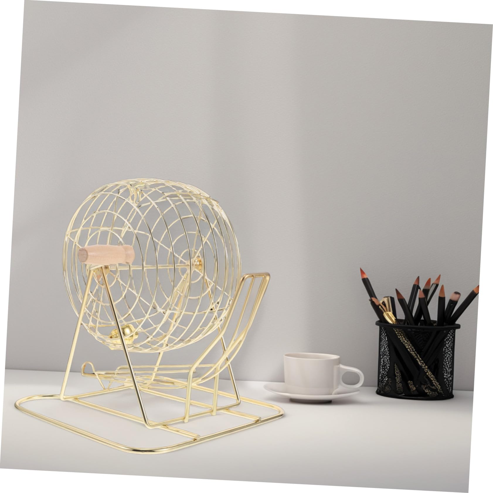 Jaula de Bingo de Mesa de Hierro y Madera, Dorada, para Niños
