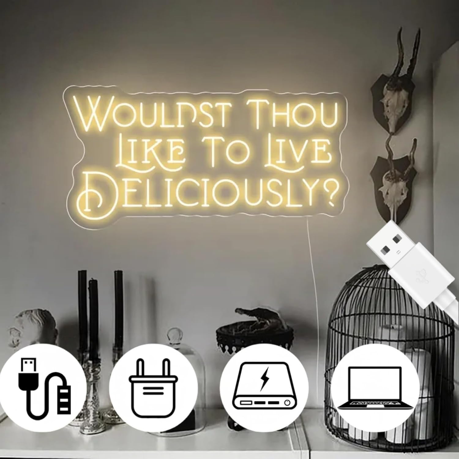 Wouldst Thou Like to Live Deliciously?Live Deliciously Neon Sign, Vintage Font Decor,Goth Room Decor,Gothic Horror Sign,Gothic Halloween Sign, Encouraging Light, Pink Led Light for Bedroom, Club